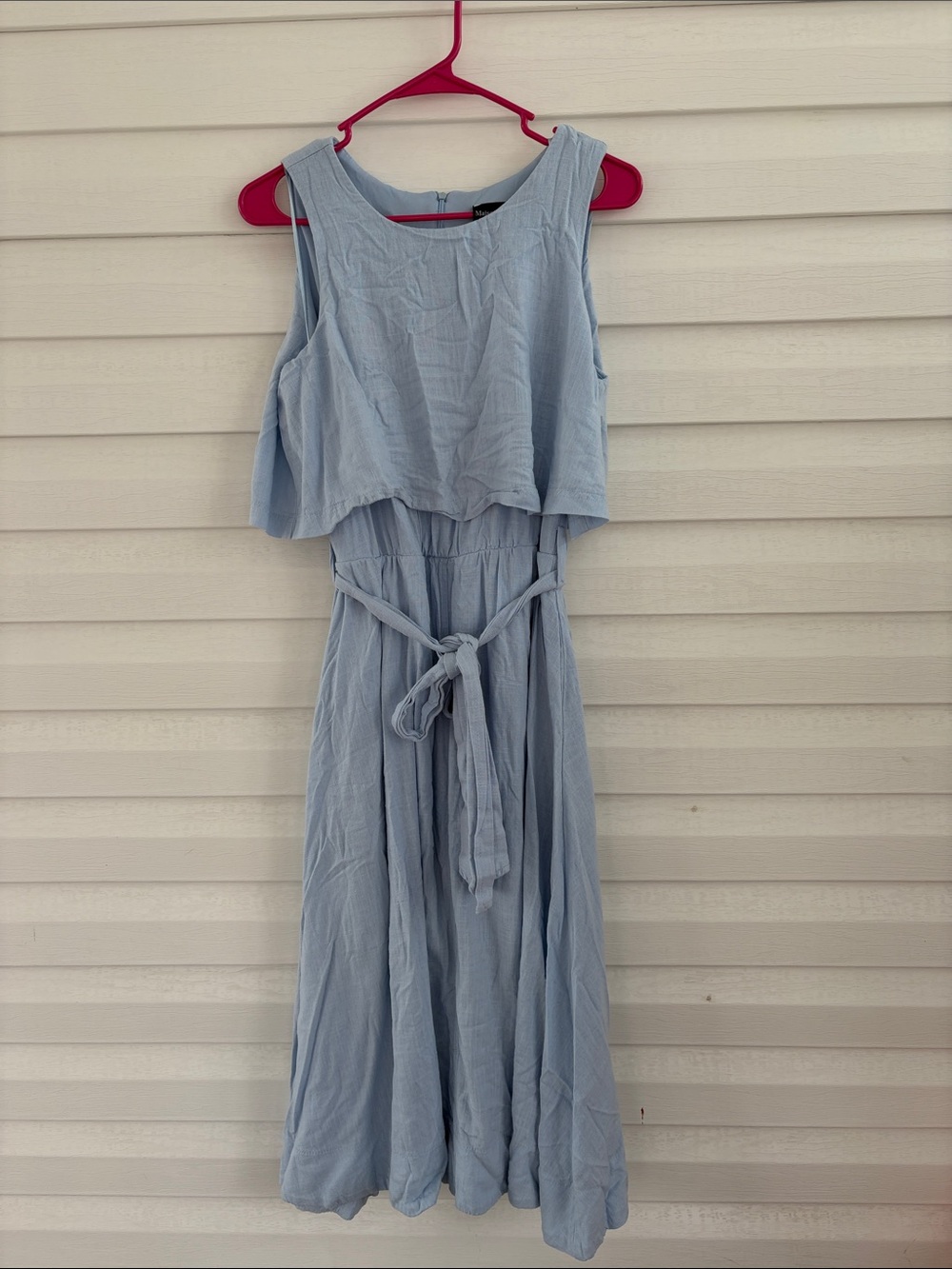 Maison Tara Blue Linen Blend Midi Dress 10 Tie Waist Coastal Summer